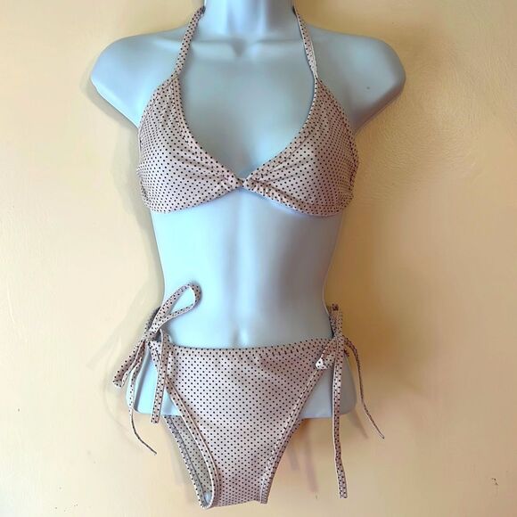 Cream and Black Micro Polka Dot String Bikini Sz OS - Picture 1 of 3